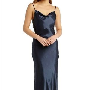 “ESTELLE” BARDOT SATIN NAVY SLIP COWL NECK DRESS SZ 4